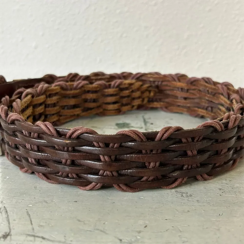 Vintage Leather Woven Braided Belt Brown Boho Western Indie 18/20 plus 2XL